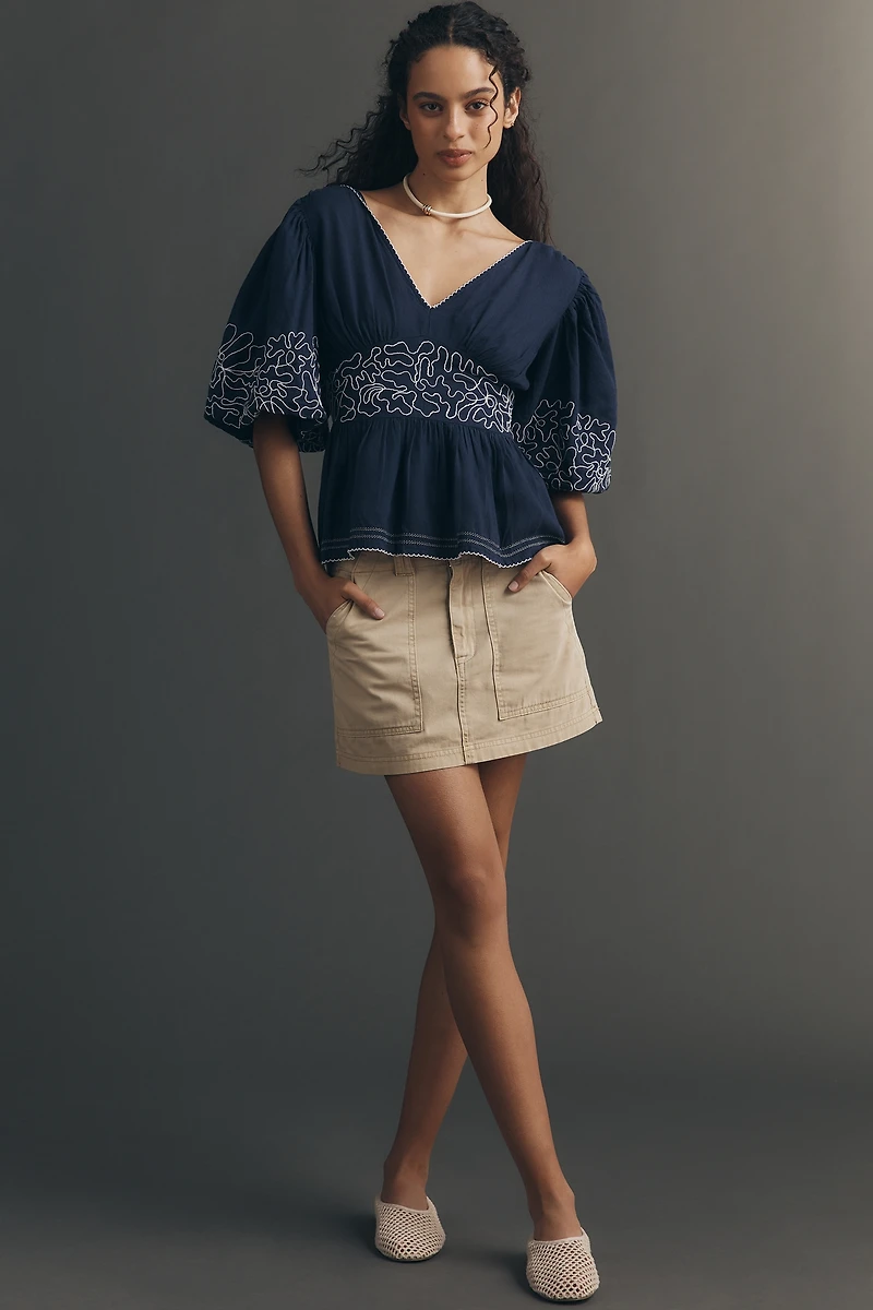 Maeve Embroidered Linen Blend Puff-Sleeve Top