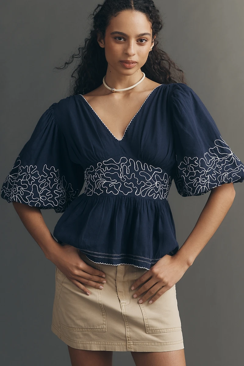 Maeve Embroidered Linen Blend Puff-Sleeve Top