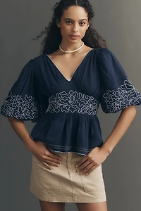 Maeve Embroidered Linen Blend Puff-Sleeve Top
