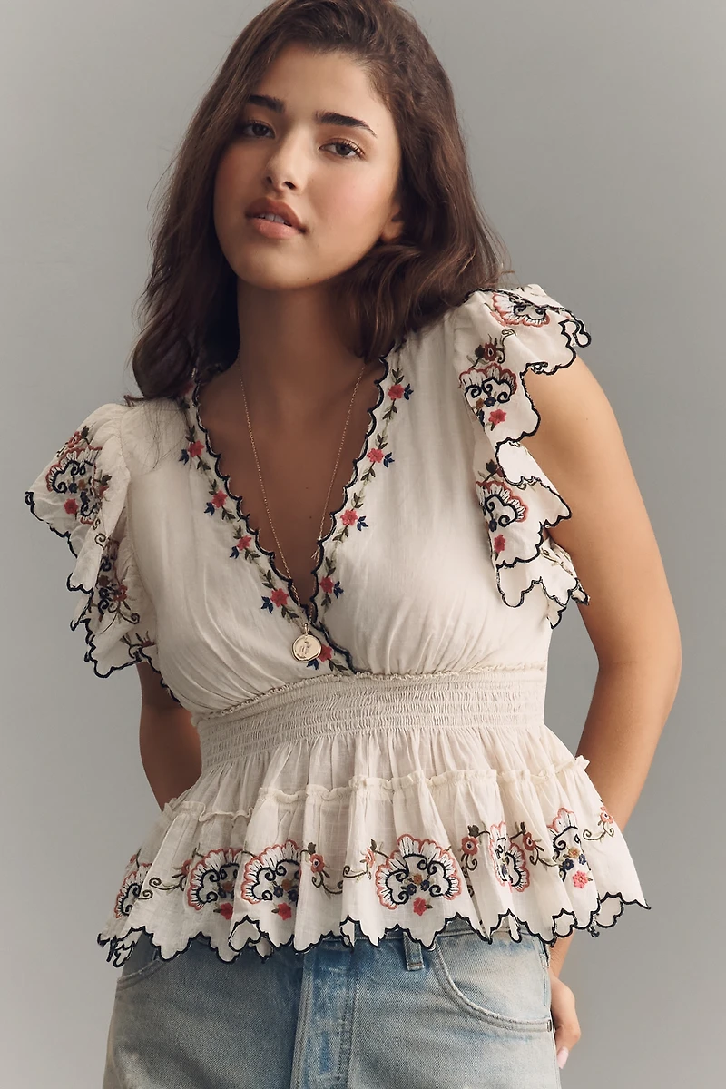 By Anthropologie Embroidered Flutter-Sleeve Top