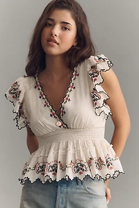 By Anthropologie Embroidered Flutter-Sleeve Top