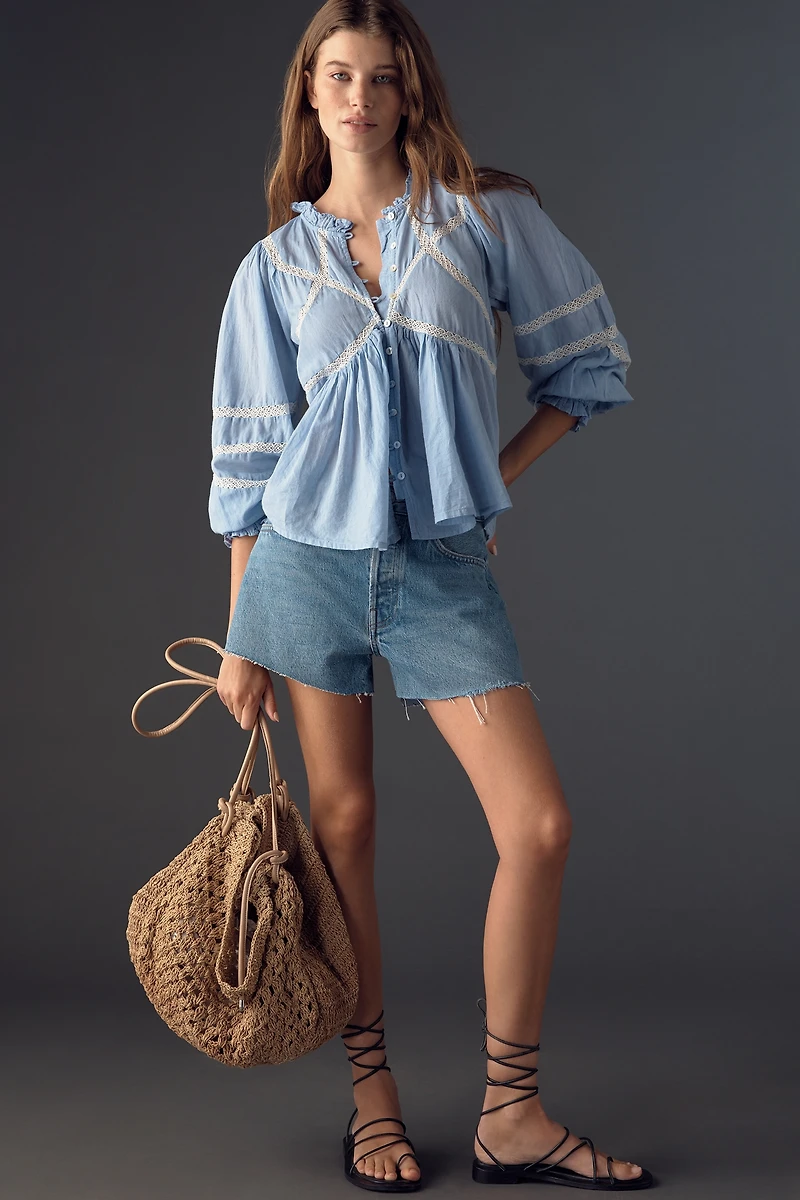 By Anthropologie High-Neck Long-Sleeve Embroidered Blouse