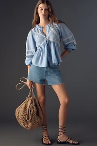 By Anthropologie High-Neck Long-Sleeve Embroidered Blouse