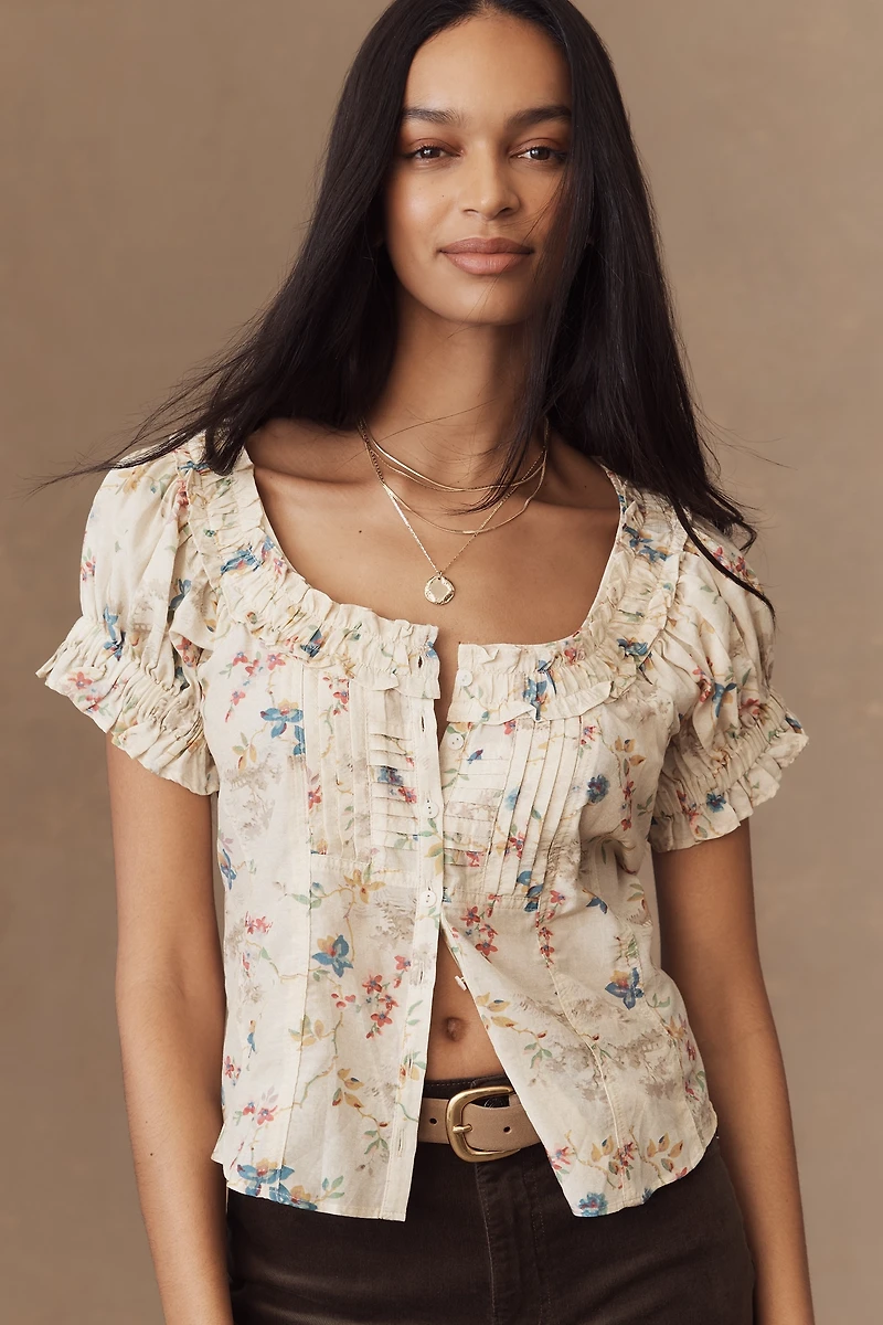 Pilcro Sheer Ruffle Puff-Sleeve Blouse