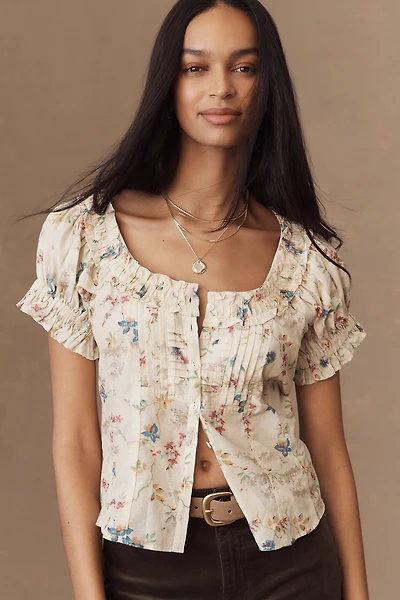 Pilcro Sheer Ruffle Puff-Sleeve Blouse