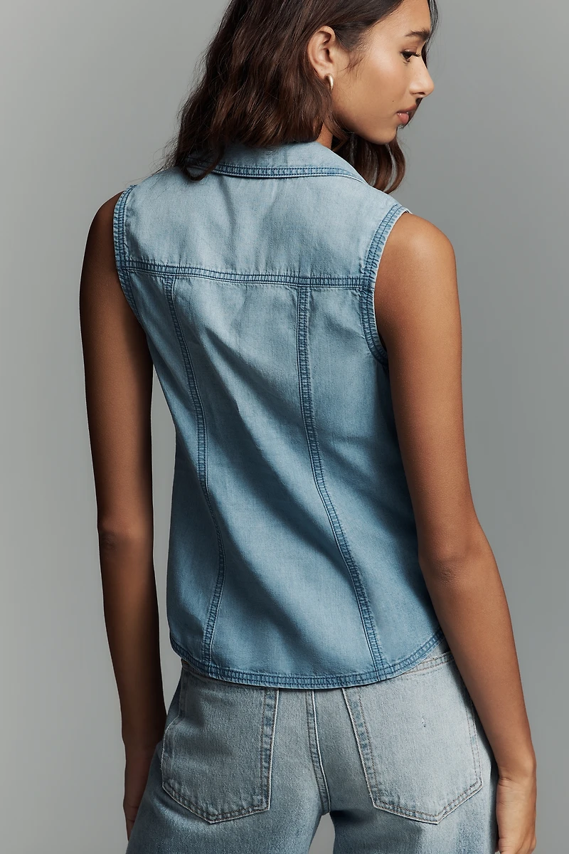 Pilcro Ruched Sleeveless Denim Buttondown Top