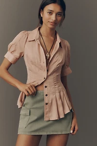 Pilcro Waisted Puff-Sleeve Buttondown Top