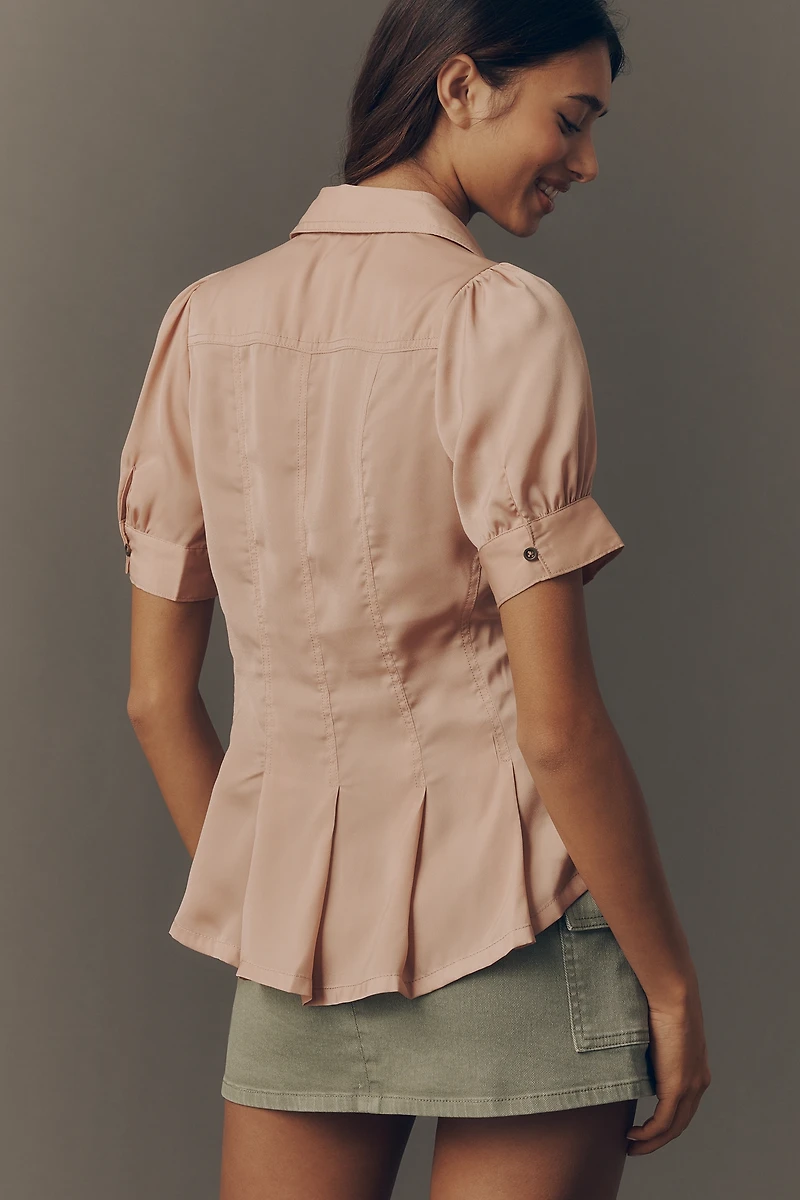 Pilcro Waisted Puff-Sleeve Buttondown Top