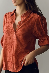 Tallulah Puff Sleeve Eyelet Buttondown Top by Pilcro