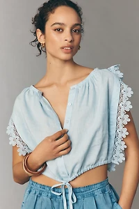 100% European Linen Tie-Front Crop Blouse