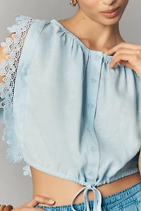 100% European Linen Tie-Front Crop Blouse
