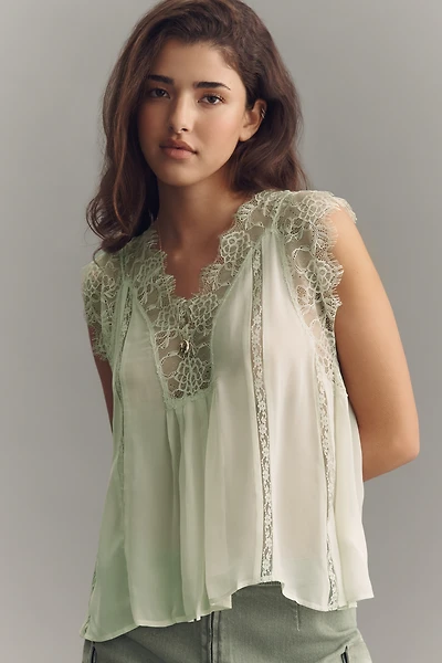 By Anthropologie Sleeveless Lace Inset Blouse