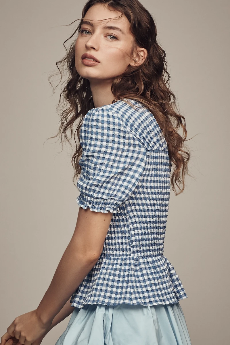 Maeve Smocked-Bodice Puff-Sleeve Blouse