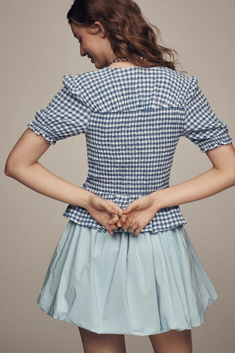 Maeve Smocked-Bodice Puff-Sleeve Blouse