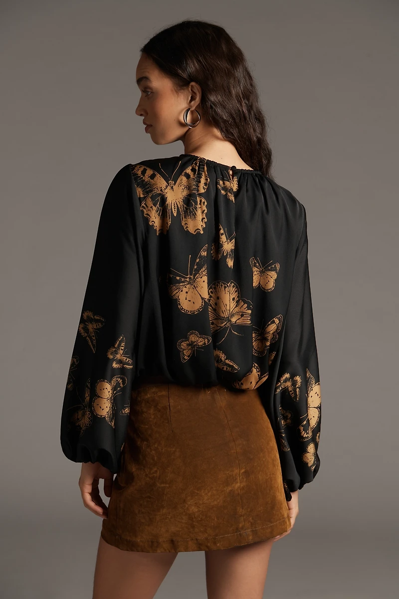 By Anthropologie Cropped Puff-Sleeve Bubble-Hem Blouse