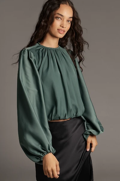 By Anthropologie Cropped Puff-Sleeve Bubble-Hem Blouse