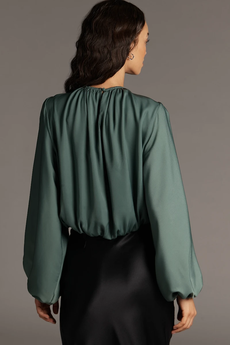 By Anthropologie Cropped Puff-Sleeve Bubble-Hem Blouse