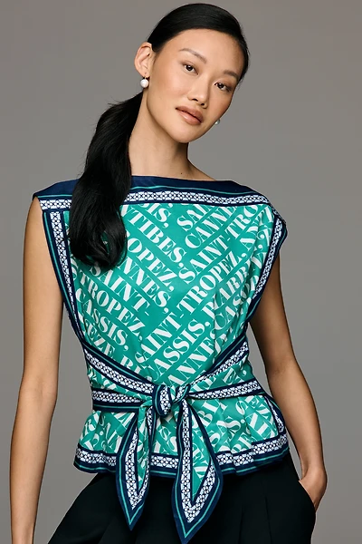 Maeve Boat-Neck Sleeveless Tie-Front Top