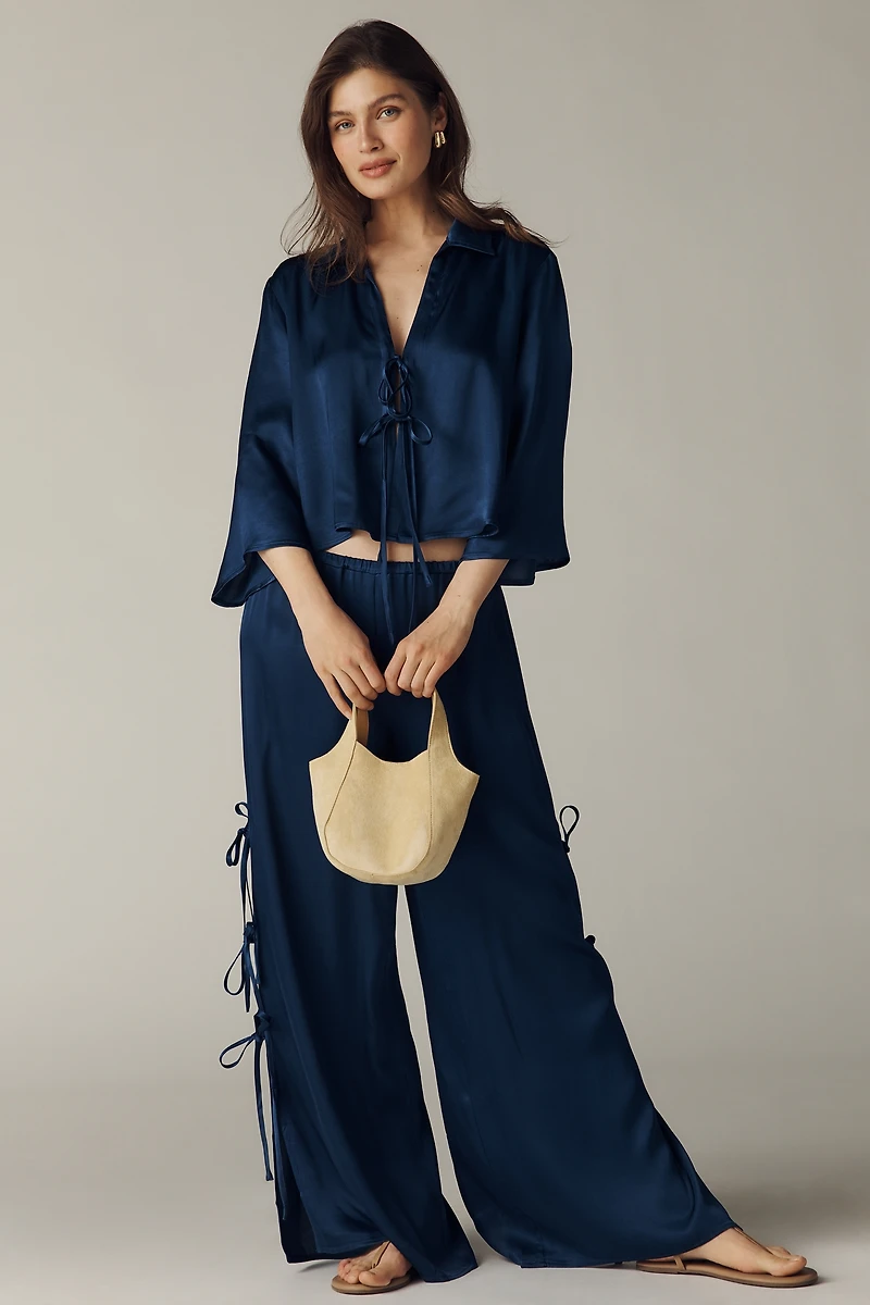 Maeve Long-Sleeve Silky Tie-Front Top