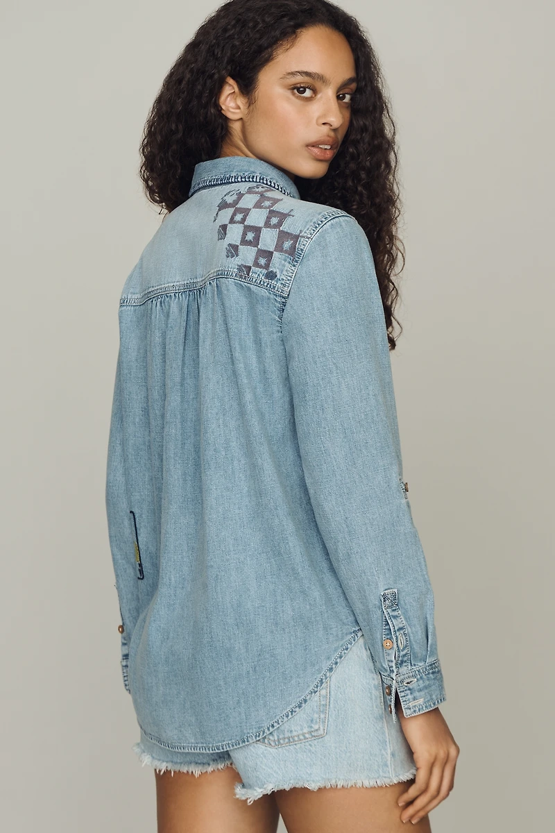 Pilcro Long-Sleeve Embroidered Icon Denim Buttondown Shirt