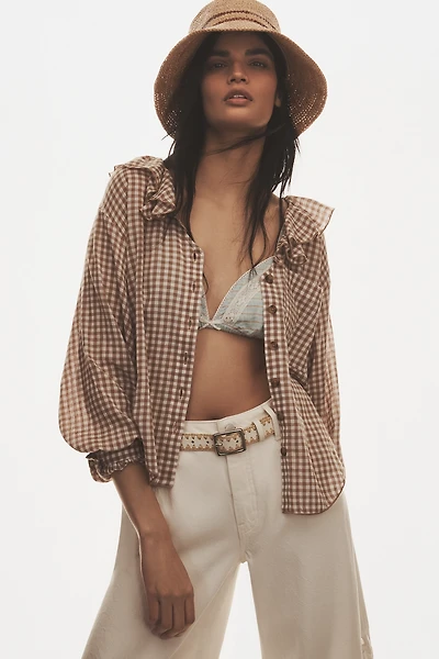 Pilcro 3/4 Sleeve Ruffle Collar Buttondown Shirt