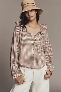 Pilcro 3/4 Sleeve Ruffle Collar Buttondown Shirt