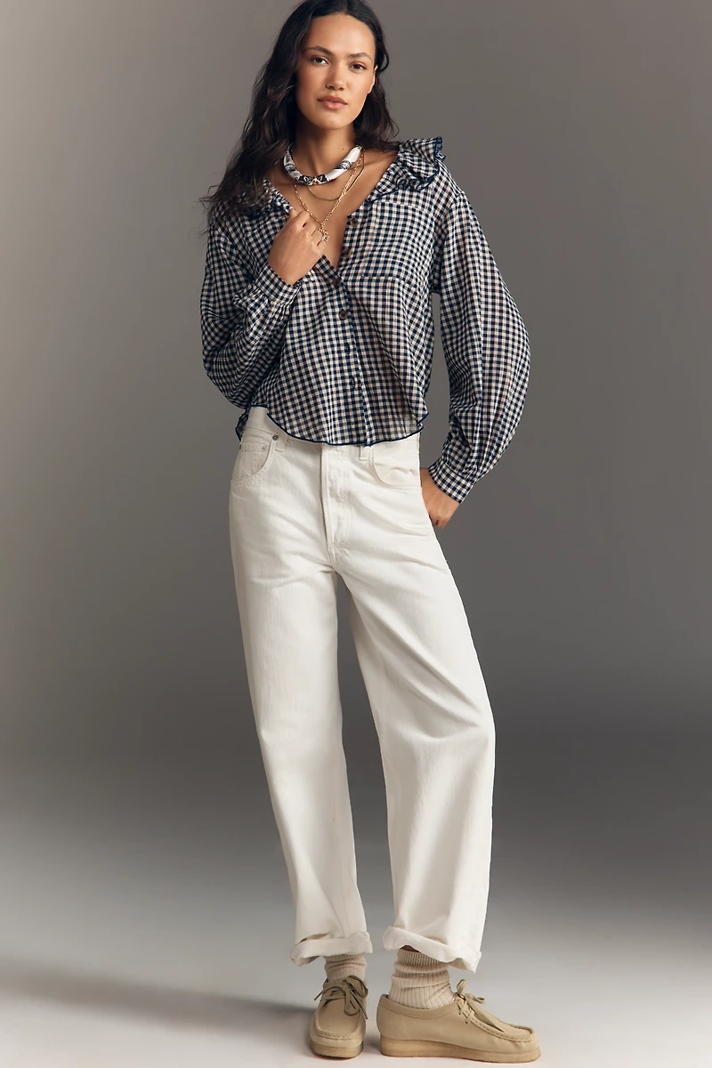 Pilcro Long-Sleeve Ruffle Collar Buttondown Shirt