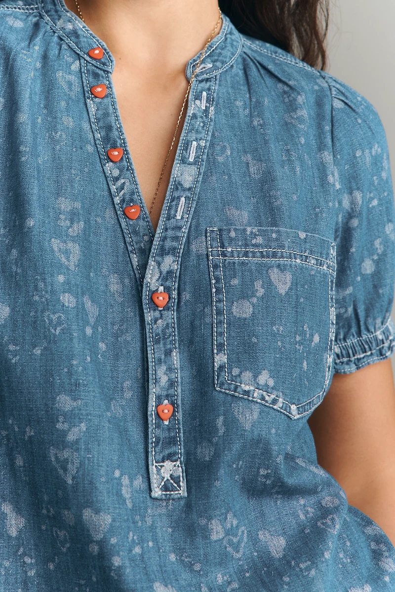 The Aly Denim Puff-Sleeve Heart Blouse by Pilcro