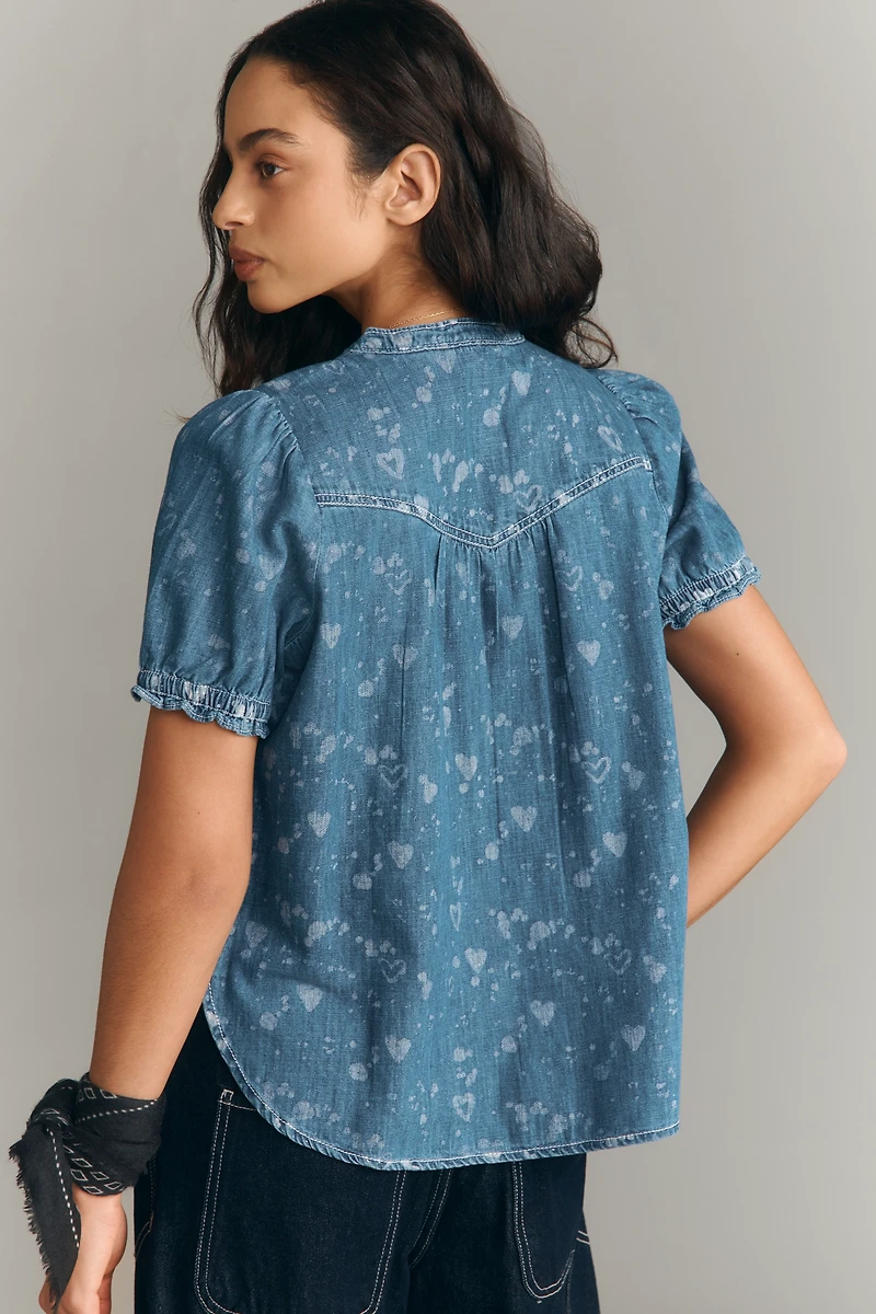 The Aly Denim Puff-Sleeve Heart Blouse by Pilcro