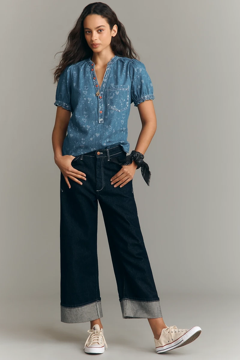 The Aly Denim Puff-Sleeve Heart Blouse by Pilcro