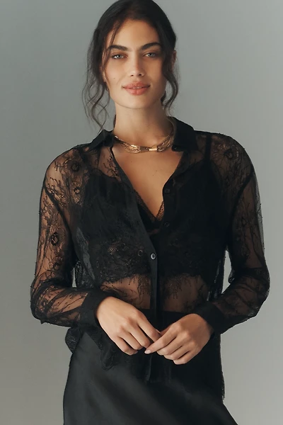 En Saison Darcy Long-Sleeve Sheer Lace Buttondown Top