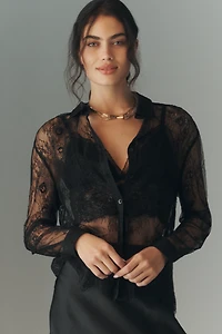 En Saison Darcy Long-Sleeve Sheer Lace Buttondown Top