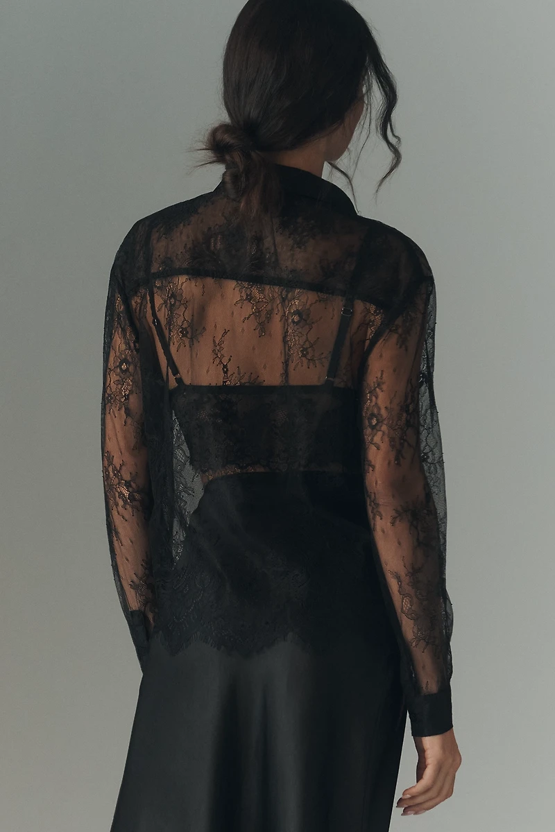 En Saison Darcy Long-Sleeve Sheer Lace Buttondown Top
