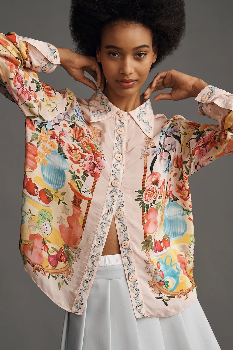 Farm Rio Garden Terrace Long-Sleeve Collared Buttondown Shirt