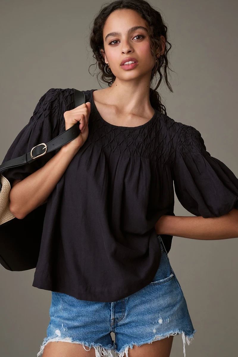 The Liza Puff-Sleeve Smocked Linen Top