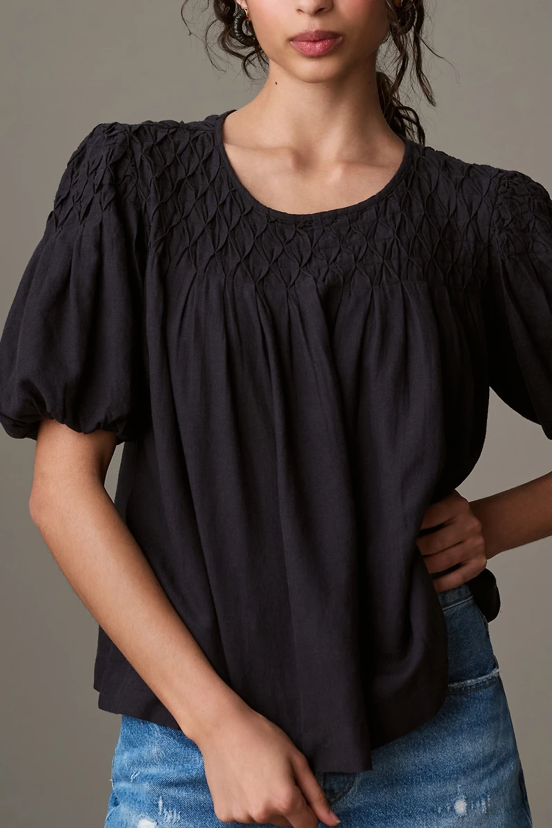The Liza Puff-Sleeve Smocked Linen Top