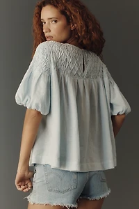 The Liza Puff-Sleeve Smocked Linen Top