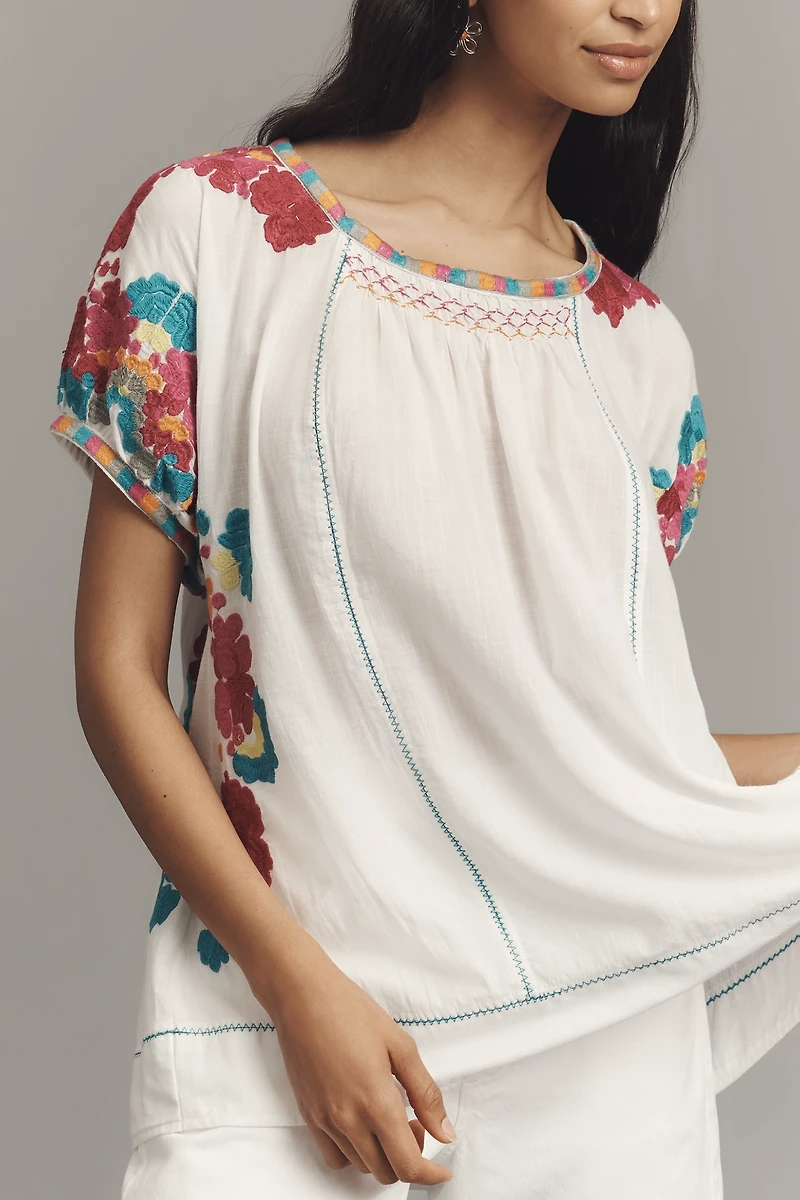 By Anthropologie Short-Sleeve Embroidered Tunic Top