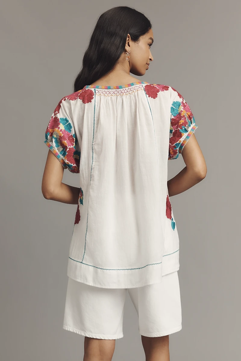 By Anthropologie Short-Sleeve Embroidered Tunic Top