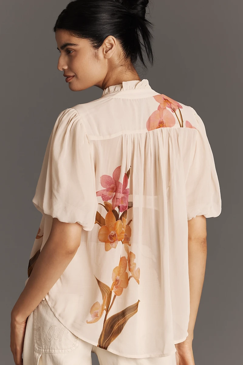 The Estela Short-Sleeve Sheer Printed Blouse