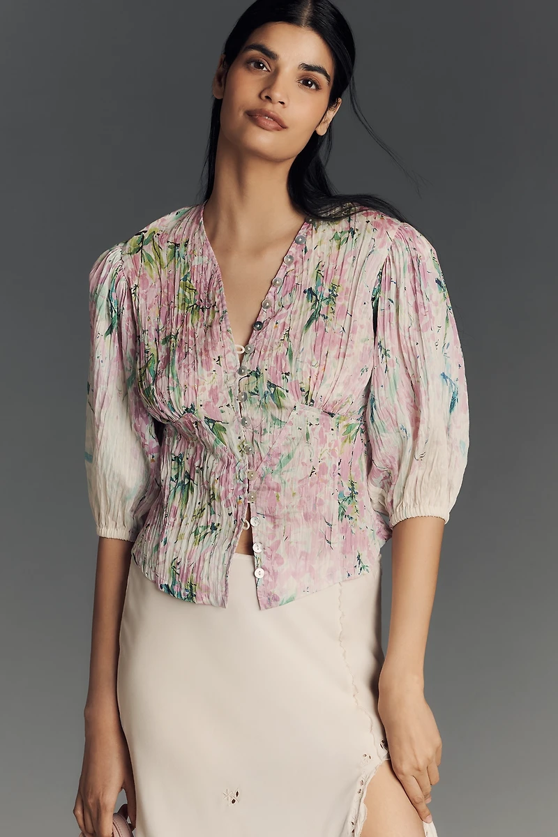 Hope for Flowers by Tracy Reese Linen Blend Puff-Sleeve Corset Blouse