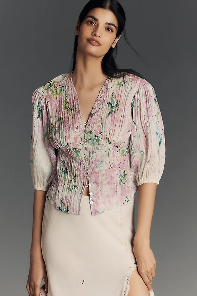 Hope for Flowers by Tracy Reese Linen Blend Puff-Sleeve Corset Blouse