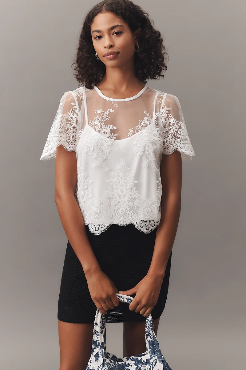 By Anthropologie Short-Sleeve Sheer Lace Top