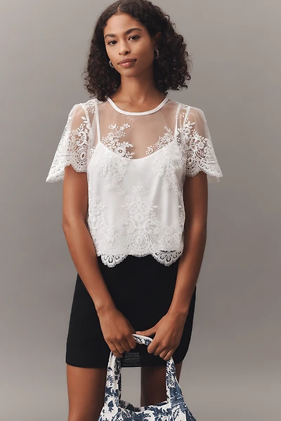 By Anthropologie Short-Sleeve Sheer Lace Top