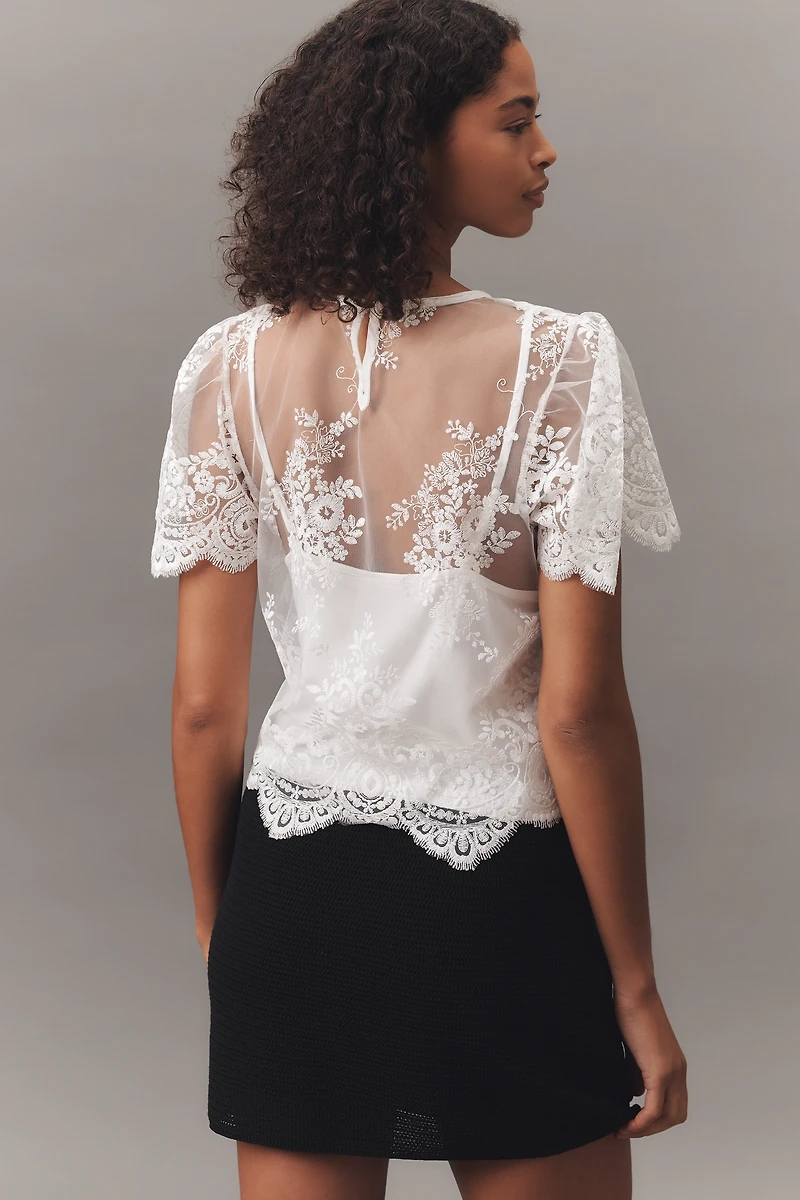By Anthropologie Short-Sleeve Sheer Lace Top