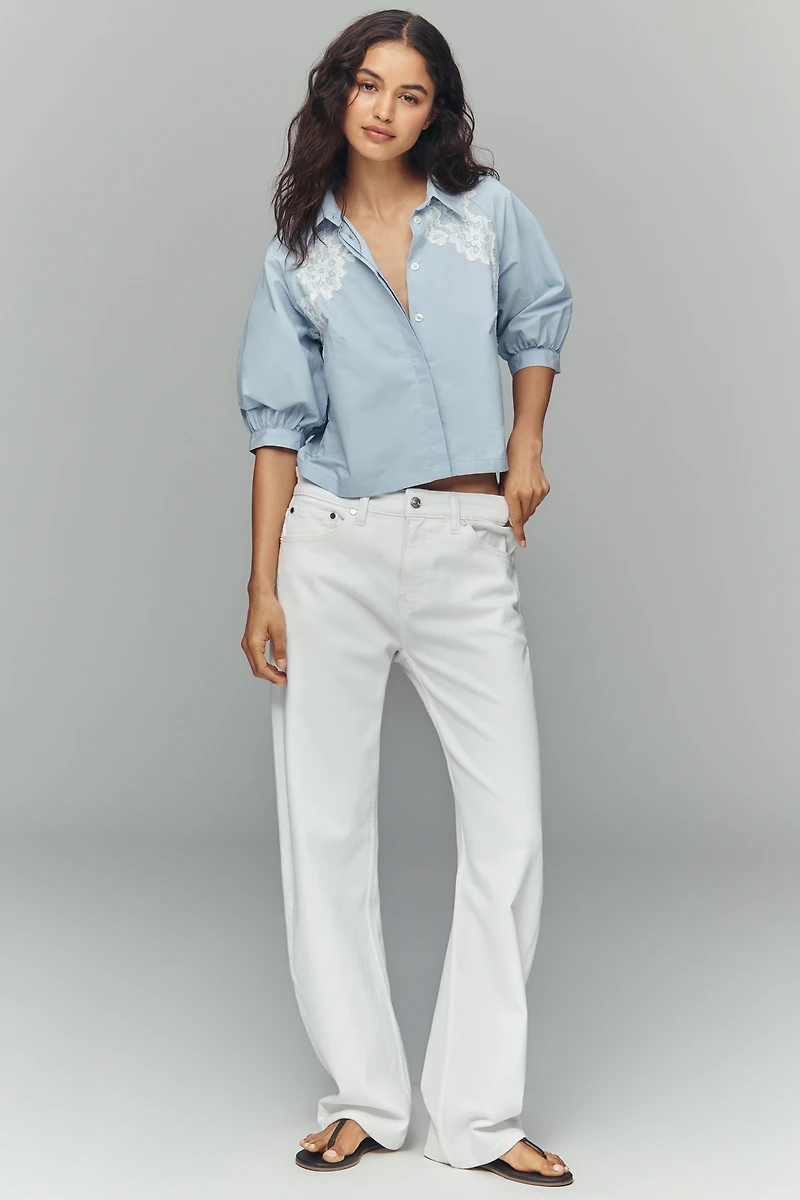 Maeve Lace Half-Sleeve Crop Buttondown Shirt