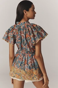 Farm Rio x Anthropologie Printed Richelieu High-Neck Short-Sleeve Ruffle Blouse