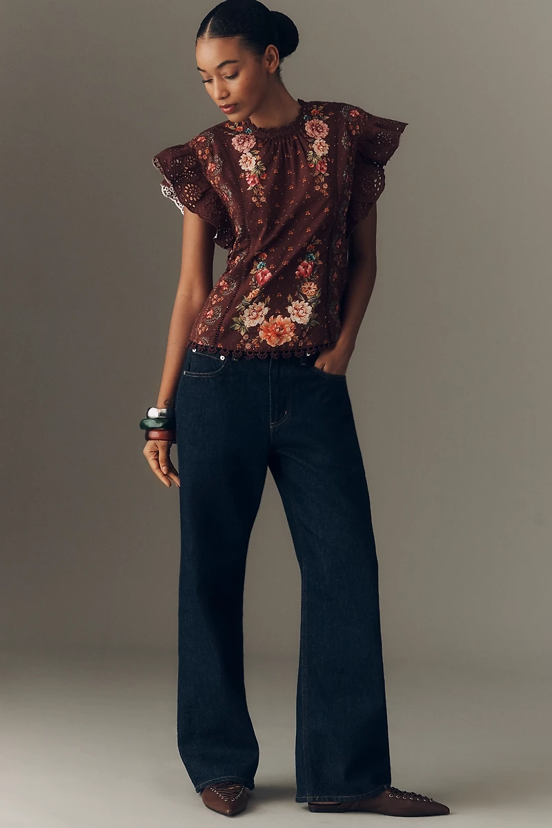 Farm Rio x Anthropologie Flutter-Sleeve High-Neck Blouse
