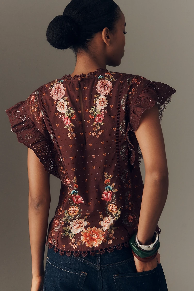 Farm Rio x Anthropologie Flutter-Sleeve High-Neck Blouse