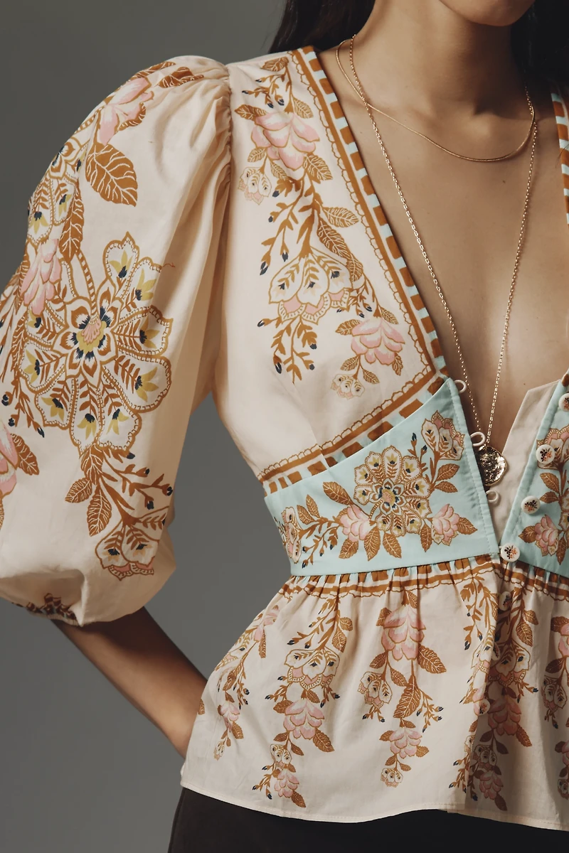 Farm Rio x Anthropologie Bubble-Sleeve V-Neck Peplum Top